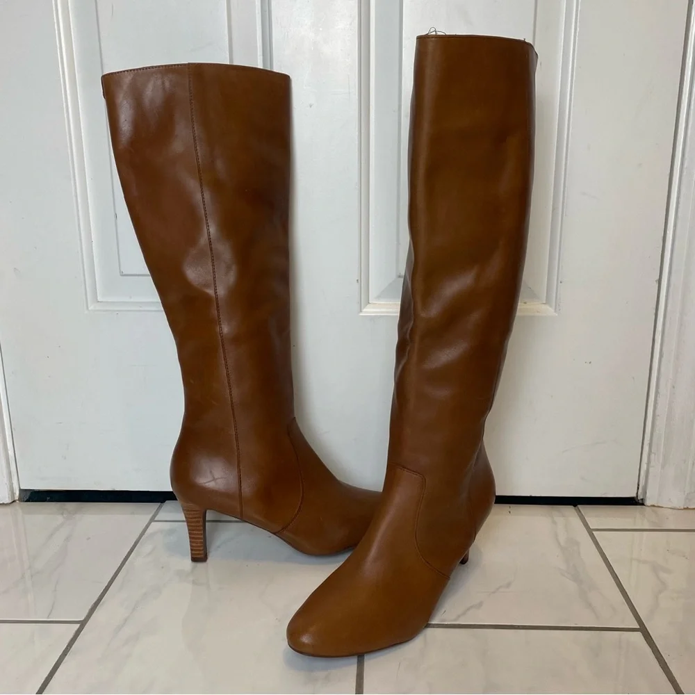 Ralph Lauren caelynn tall knee high caramel leather boots short heel 9.5 NEW - Picture 6 of 13